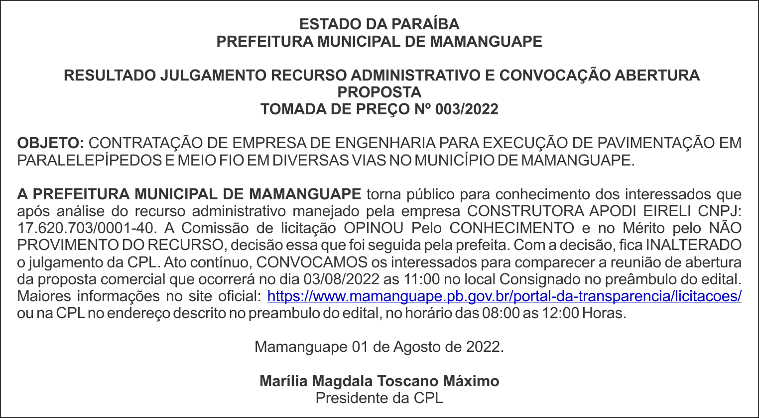 PREFEITURA MUNICIPAL DE MAMANGUAPE – RESULTADO JULGAMENTO RECURSO ADMINISTRATIVO E CONVOCAÇÃO – TOMADA DE PREÇO Nº 003/2022