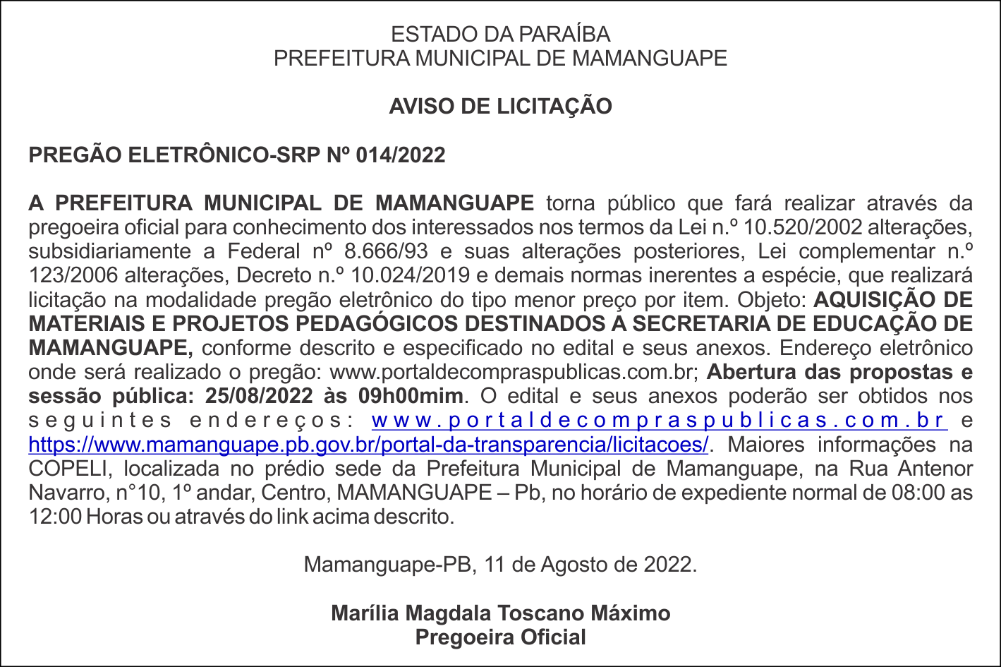 PREFEITURA MUNICIPAL DE MAMANGUAPE – AVISO DE LICITAÇÃO – PREGÃO ELETRÔNICO-SRP Nº 014/2022