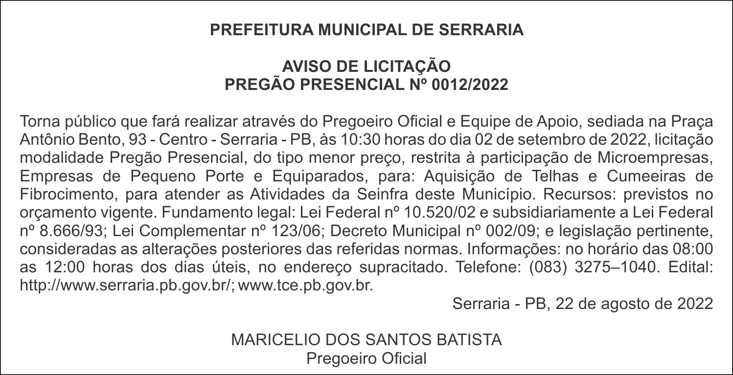 PREFEITURA MUNICIPAL DE SERRARIA  – AVISO DE LICITAÇÃO – PREGÃO PRESENCIAL Nº 0012/2022