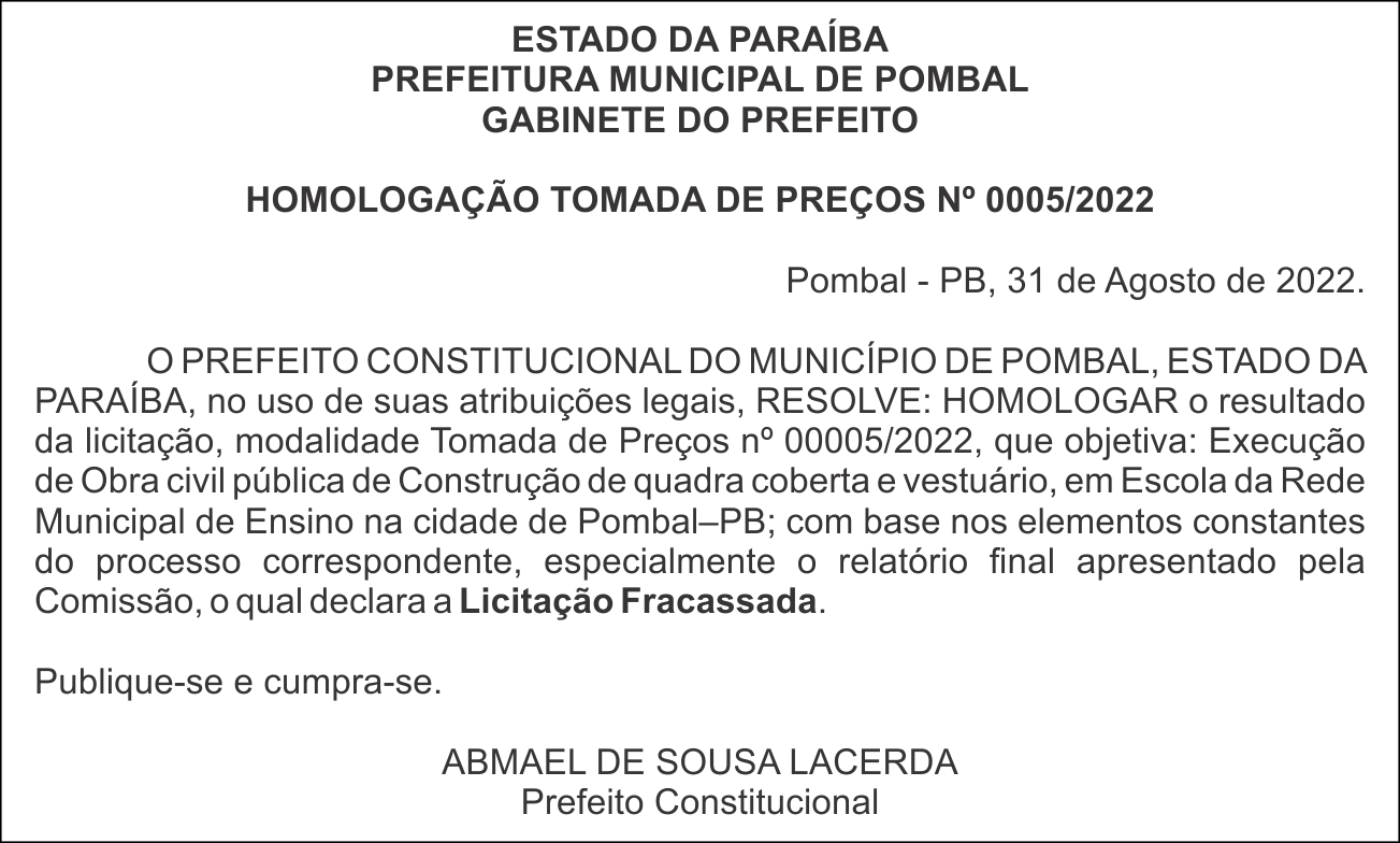 PREFEITURA MUNICIPAL DE POMBAL – HOMOLOGAÇÃO – TOMADA DE PREÇOS Nº 0005/2022