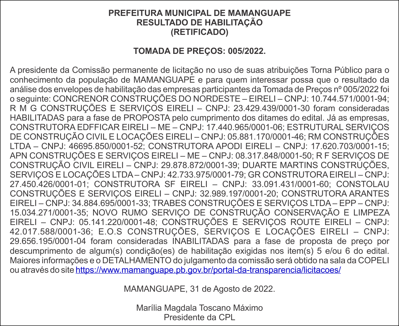 PREFEITURA MUNICIPAL DE MAMANGUAPE – RESULTADO DE HABILITAÇÃO (RETIFICADO) – TOMADA DE PREÇOS: 005/2022.