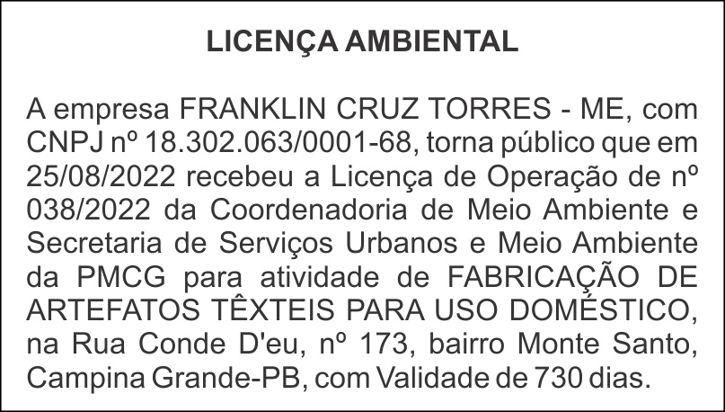 FRANKLIN CRUZ TORRES – ME – LICENÇA AMBIENTAL