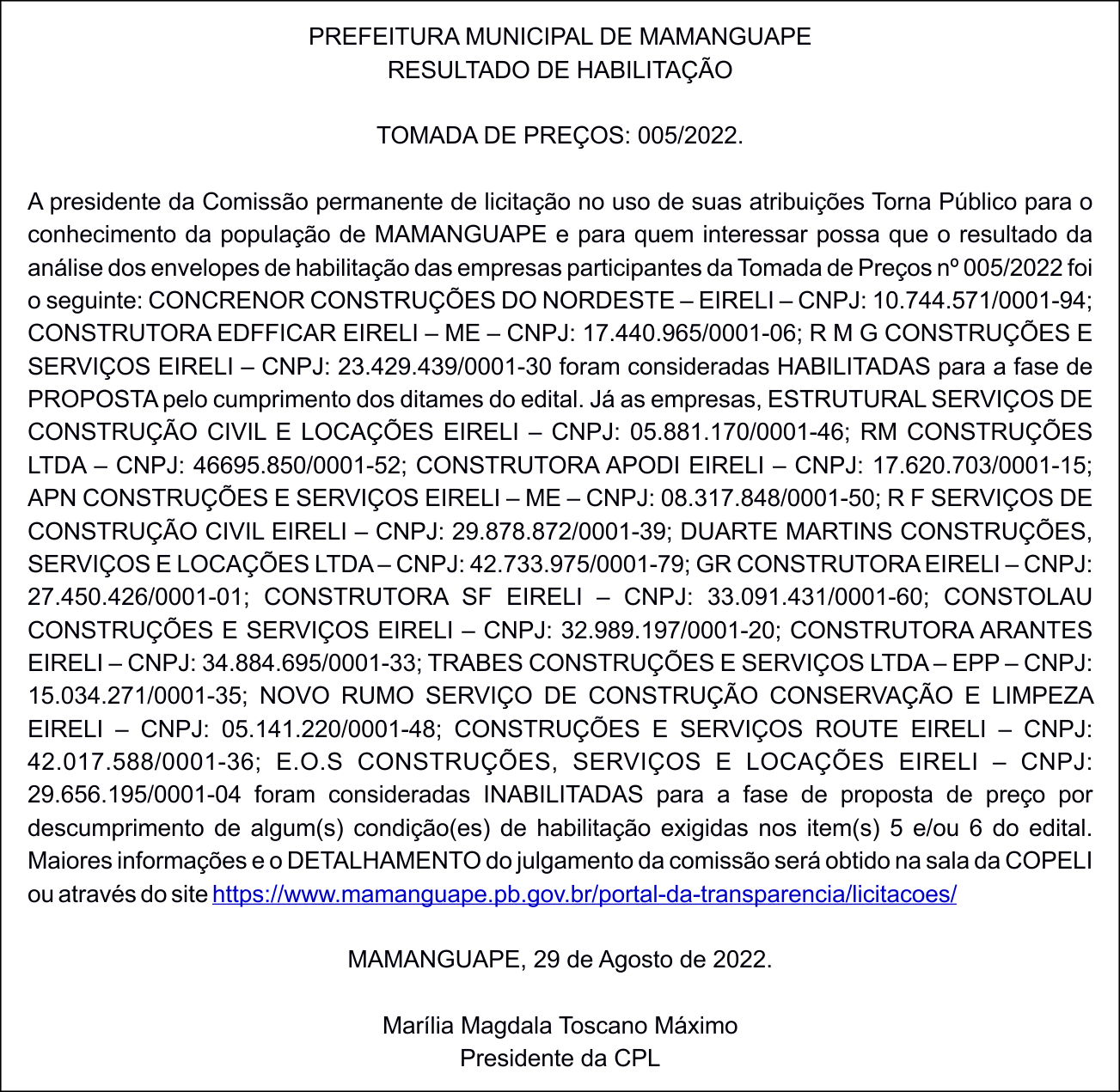PREFEITURA MUNICIPAL DE MAMANGUAPE – RESULTADO DE HABILITAÇÃO – TOMADA DE PREÇOS: 005/2022.