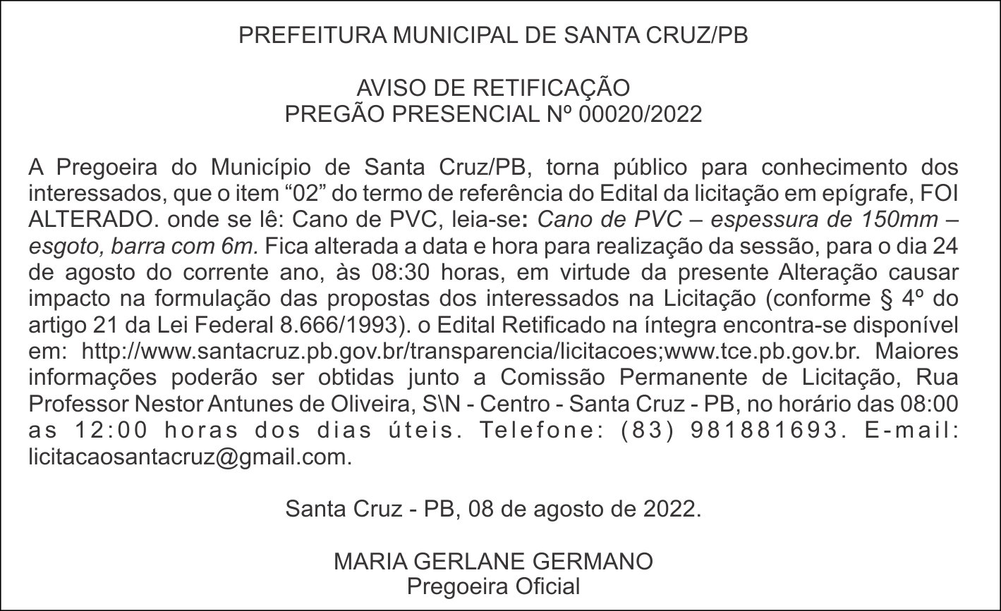 PREFEITURA MUNICIPAL DE SANTA CRUZ/PB – AVISO DE RETIFICAÇÃO – PREGÃO PRESENCIAL Nº 00020/2022