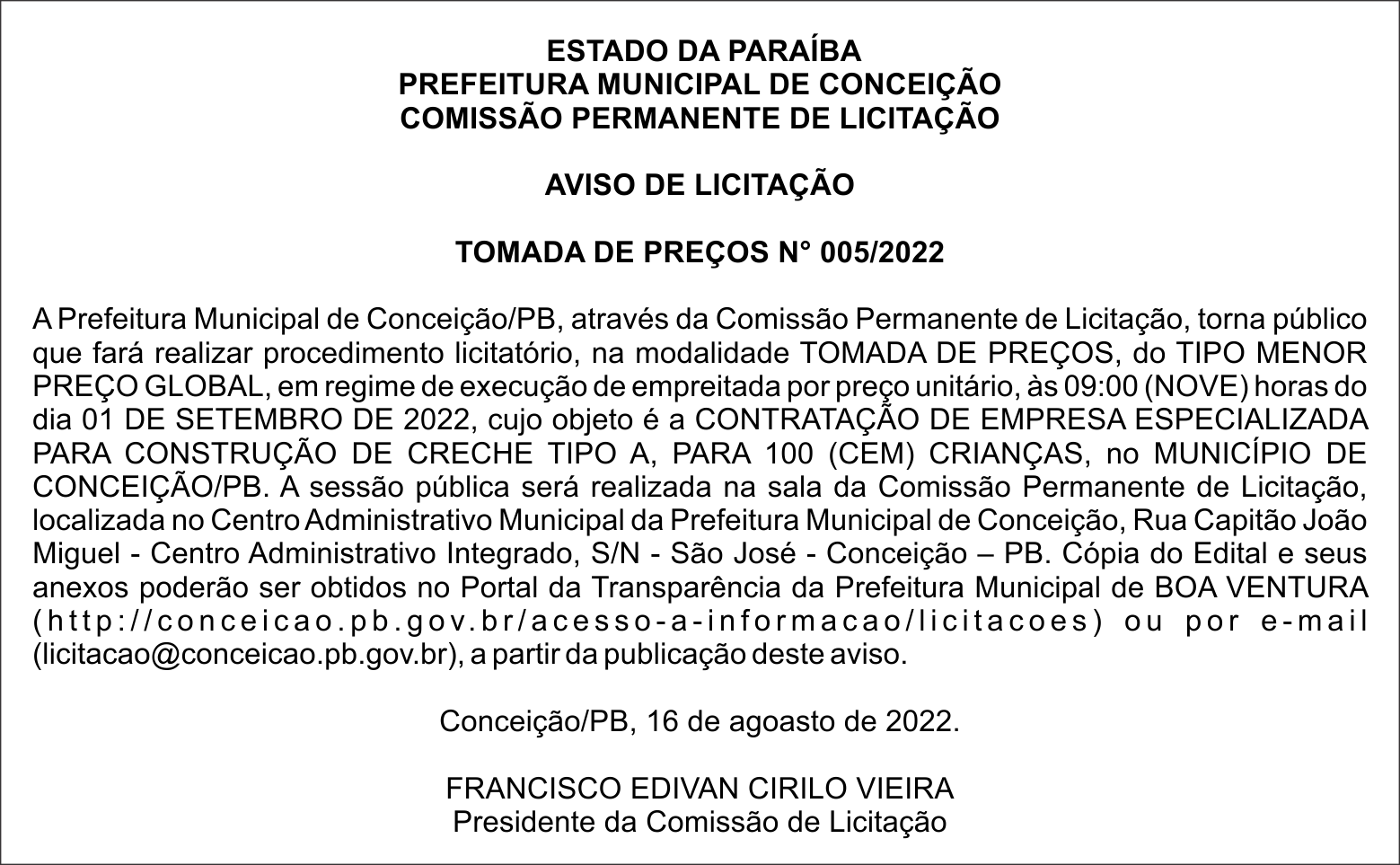 PREFEITURA MUNICIPAL DE CONCEIÇÃO – AVISO DE LICITAÇÃO – TOMADA DE PREÇOS N° 005/2022