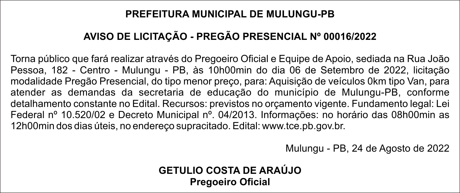 PREFEITURA MUNICIPAL DE MULUNGU-PB – AVISO DE LICITAÇÃO – PREGÃO PRESENCIAL Nº 00016/2022