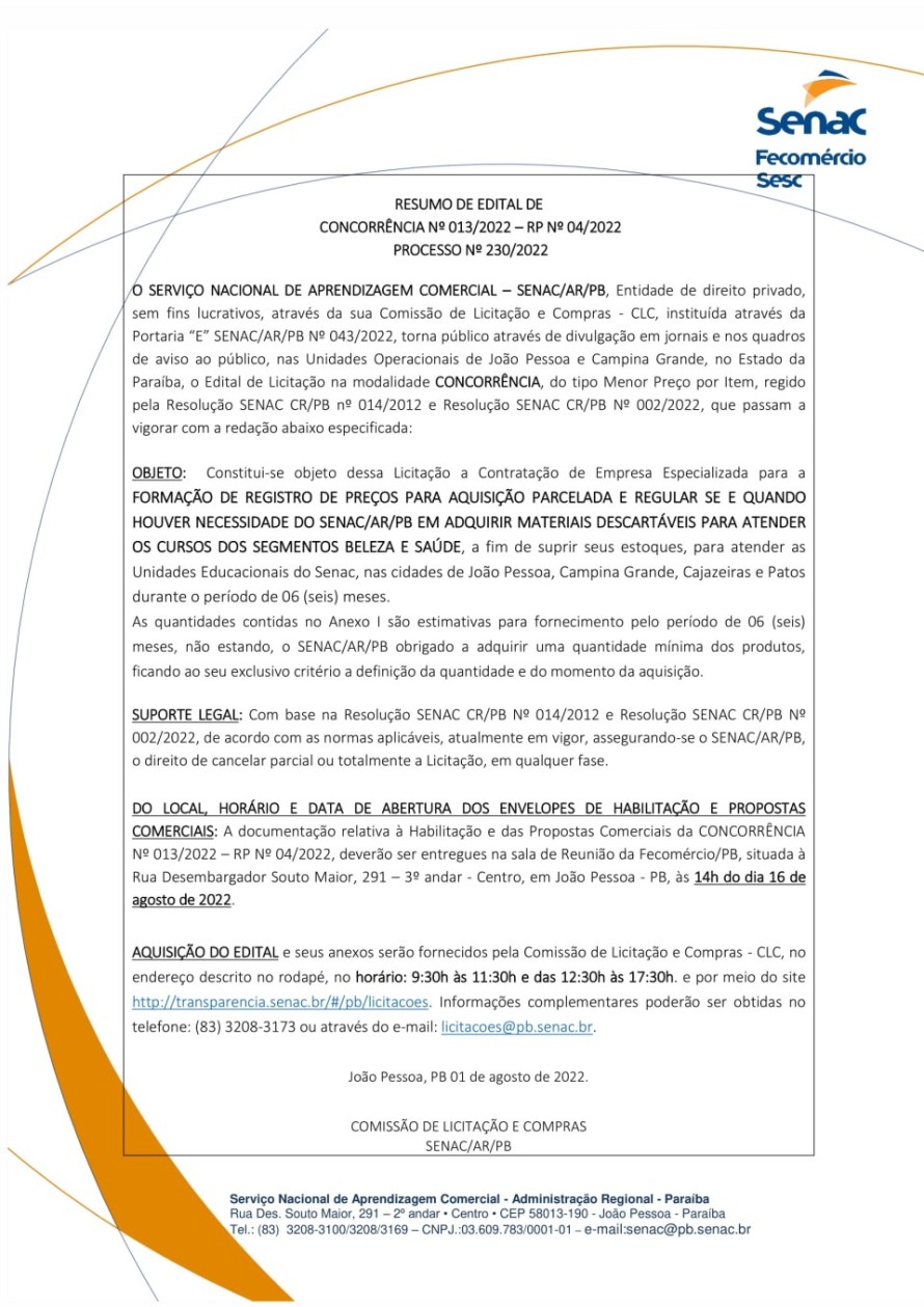 SENAC – RESUMO DE EDITAL DE  CONCORRÊNCIA Nº 013/2022 – RP Nº 04/2022  PROCESSO Nº 230/2022