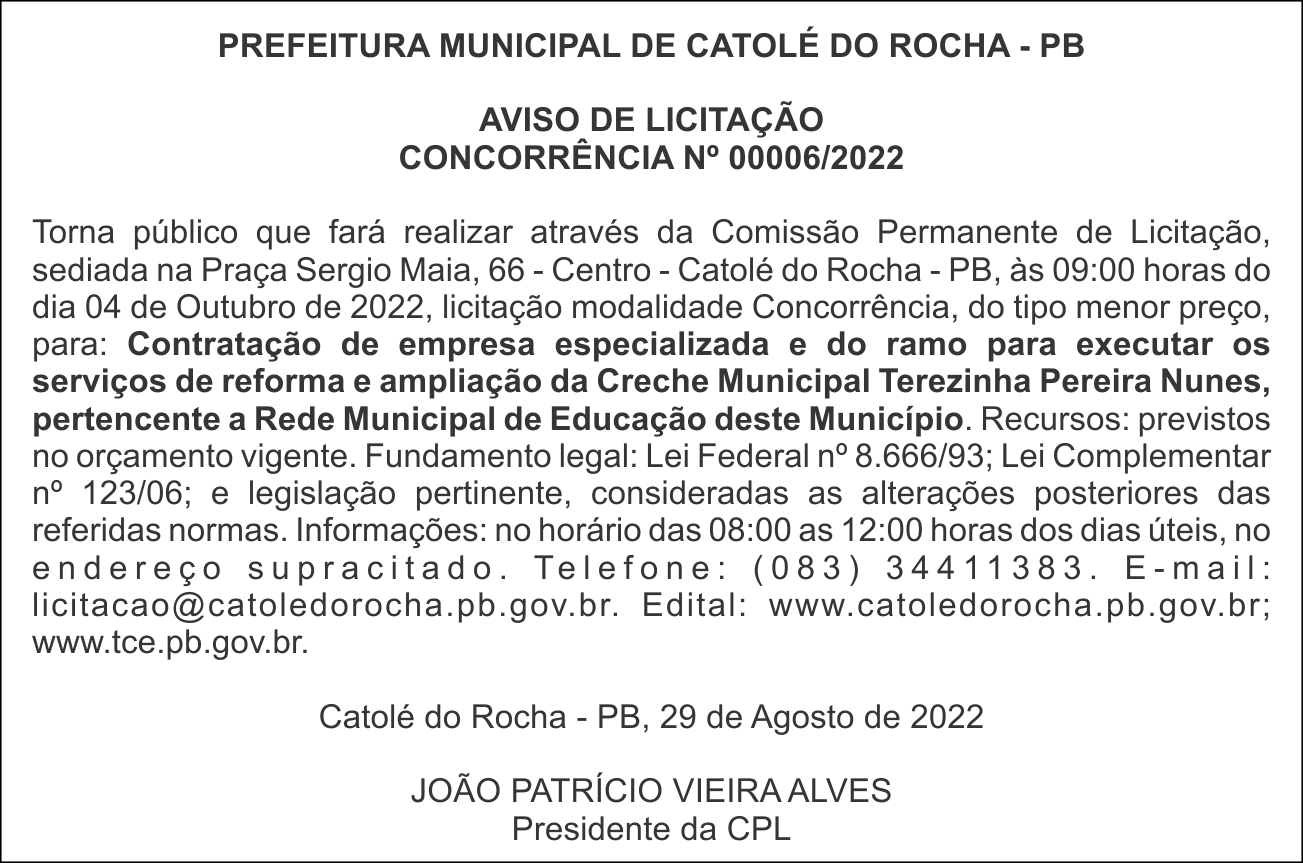 PREFEITURA MUNICIPAL DE CATOLÉ DO ROCHA – AVISO DE LICITAÇÃO CONCORRÊNCIA Nº 00006/2022