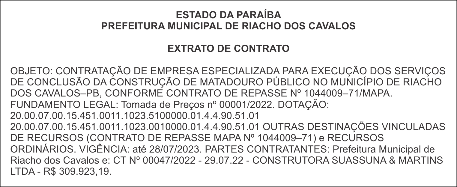 PREFEITURA MUNICIPAL DE RIACHO DOS CAVALOS – EXTRATO DE CONTRATO