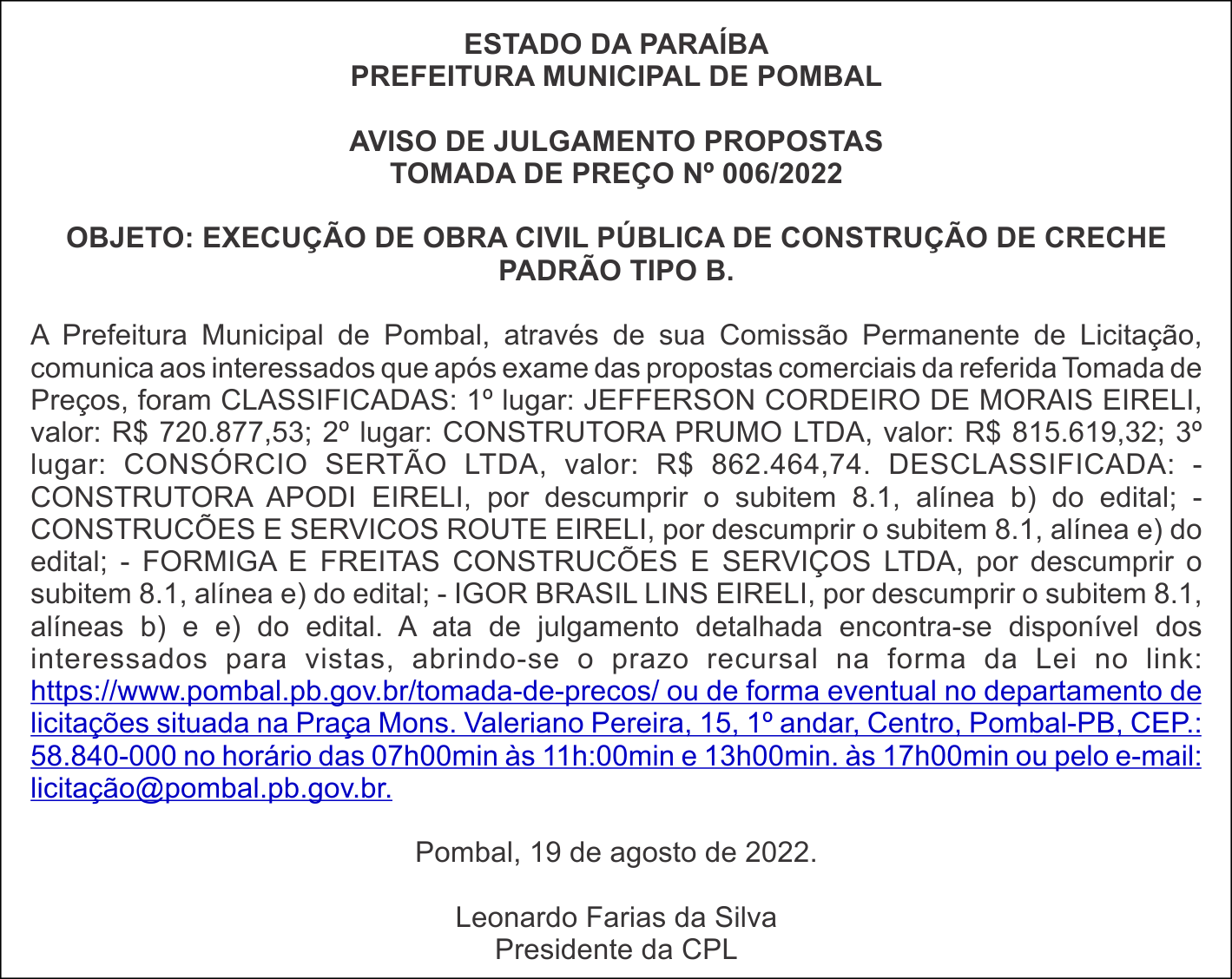 PREFEITURA MUNICIPAL DE POMBAL – AVISO DE JULGAMENTO PROPOSTAS – TOMADA DE PREÇO Nº 006/2022