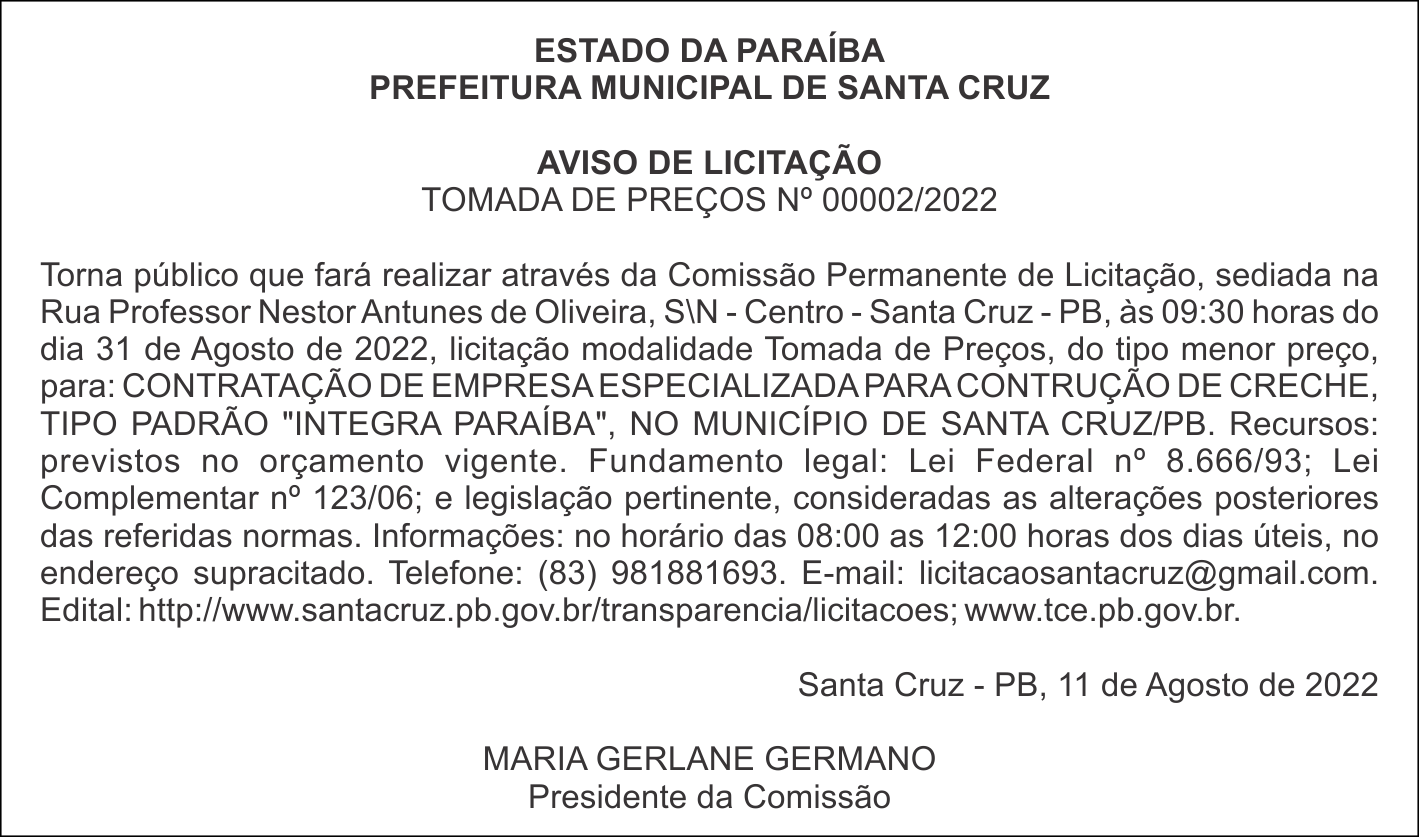 PREFEITURA MUNICIPAL DE SANTA CRUZ – AVISO DE LICITAÇÃO – TOMADA DE PREÇOS Nº 00002/2022