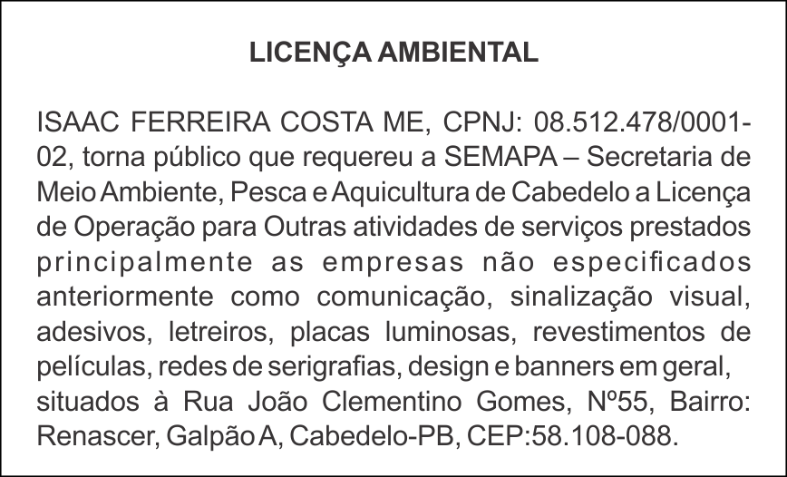 ISAAC FERREIRA COSTA ME – LICENÇA AMBIENTAL