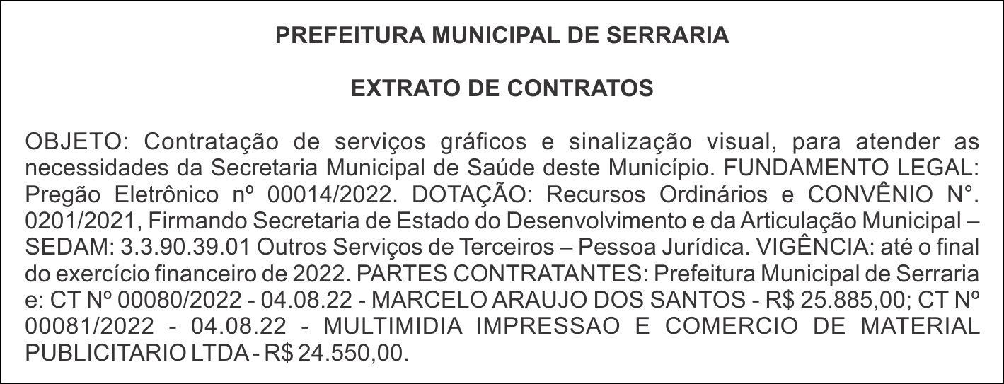 PREFEITURA MUNICIPAL DE SERRARIA –  EXTRATO DE CONTRATOS