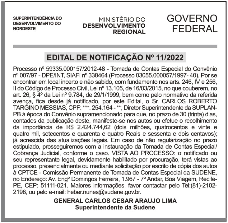 SUDENE – EDITAL DE NOTIFICAÇÃO No 11/2022