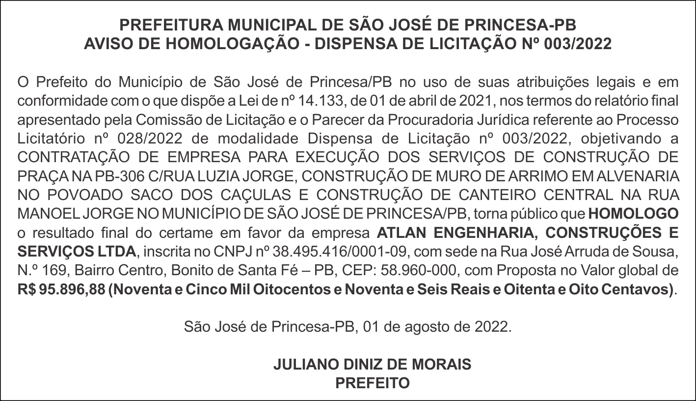 PREFEITURA MUNICIPAL DE SÃO JOSÉ DE PRINCESA-PB – AVISO DE HOMOLOGAÇÃO – DISPENSA DE LICITAÇÃO No 003/2022