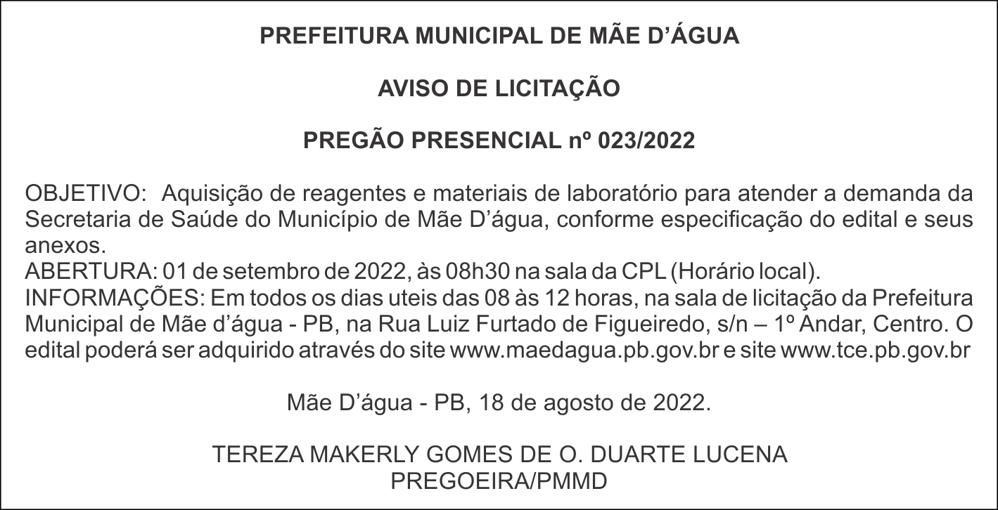 PREFEITURA MUNICIPAL DE MÃE D’ÁGUA  – AVISO DE LICITAÇÃO – PREGÃO PRESENCIAL nº 023/2022
