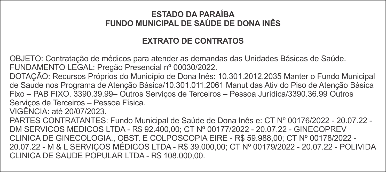 FUNDO MUNICIPAL DE SAÚDE DE DONA INÊS – EXTRATO DE CONTRATOS