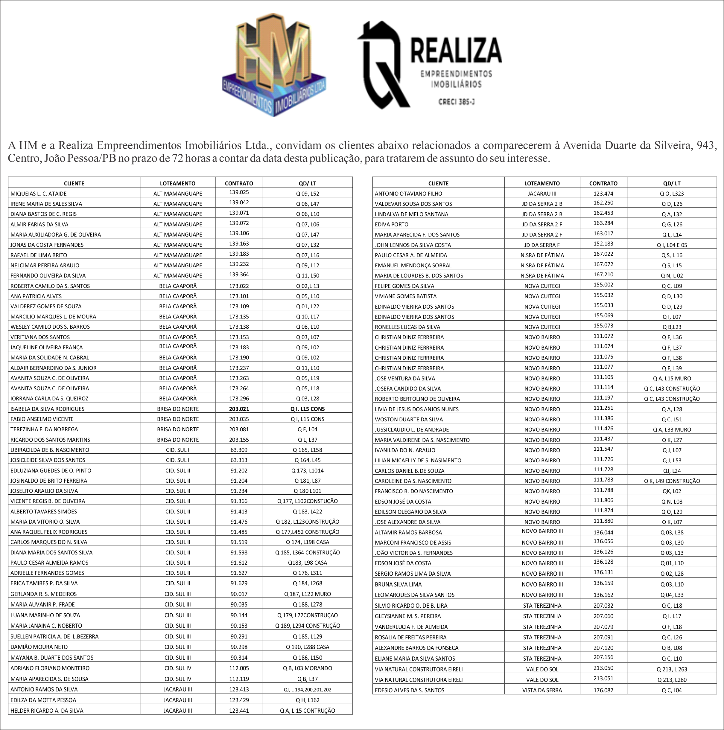 HM E A REALIZA EMPREENDIMENTOS IMOBILIÁRIOS LTDA – CONVITE AOS CLIENTES