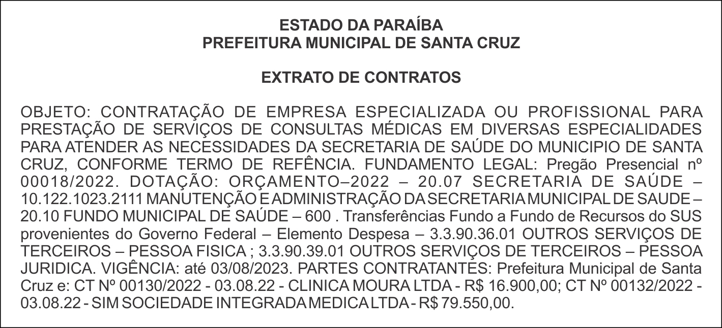 PREFEITURA MUNICIPAL DE SANTA CRUZ  – EXTRATO DE CONTRATOS