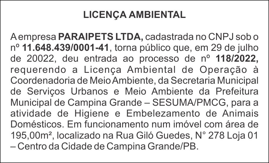 PARAIPETS LTDA – LICENÇA AMBIENTAL