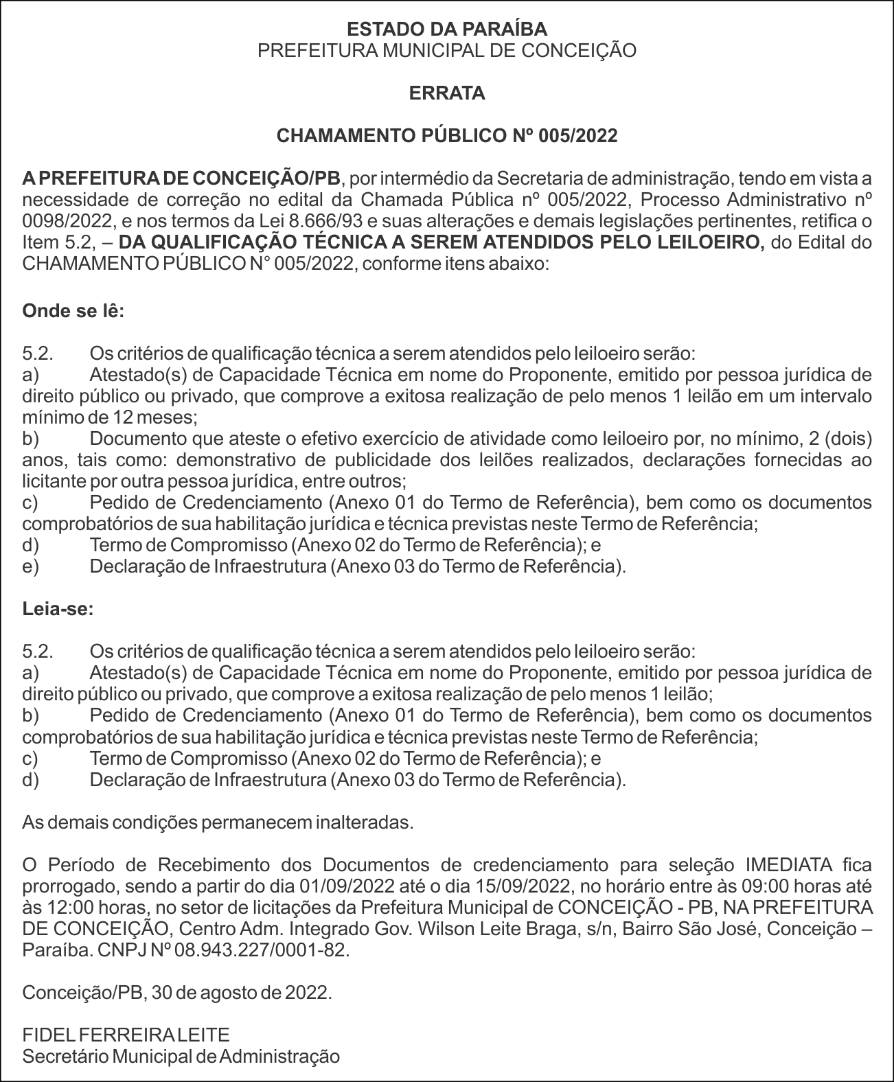 PREFEITURA MUNICIPAL DE CONCEIÇÃO –  ERRATA – CHAMAMENTO PÚBLICO Nº 005/2022
