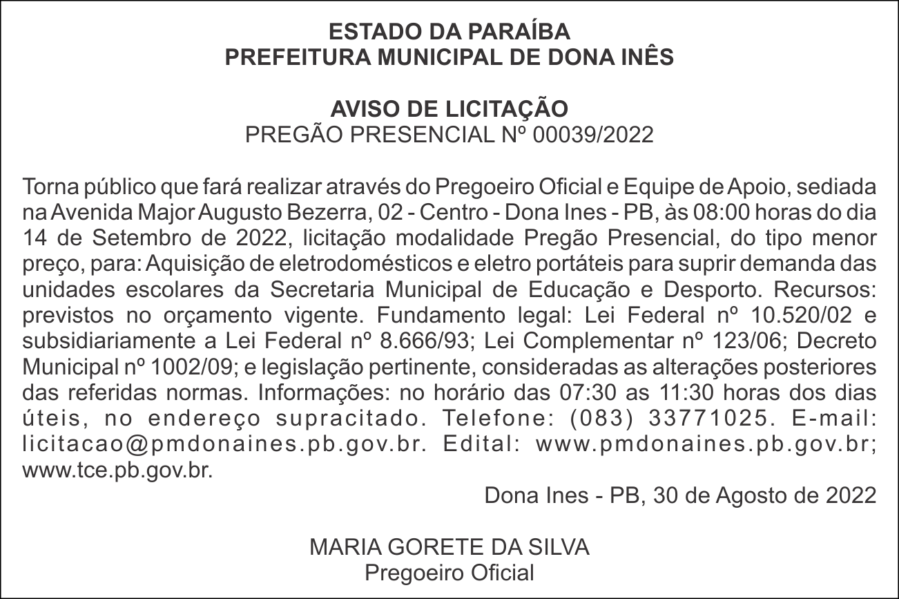 PREFEITURA MUNICIPAL DE DONA INÊS – AVISO DE LICITAÇÃO – PREGÃO PRESENCIAL Nº 00039/2022