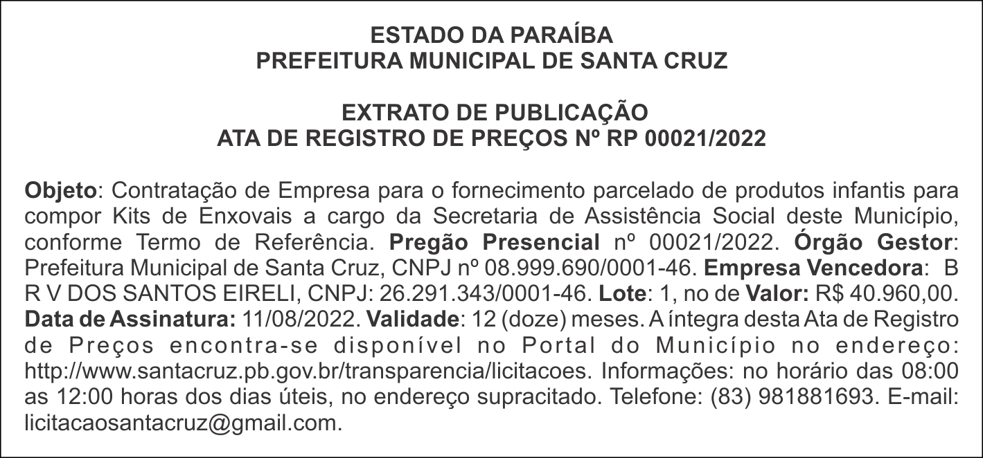 PREFEITURA MUNICIPAL DE SANTA CRUZ  – EXTRATO DE PUBLICAÇÃO – ATA DE REGISTRO DE PREÇOS Nº RP 00021/2022