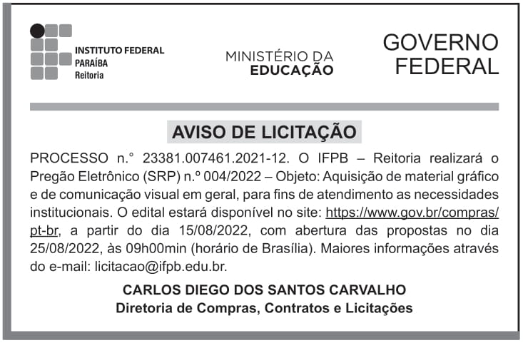 IFPB – PB – JOÃO PESSOA – EDITAL – PREGÃO ELETRÔNICO (SRP) n.º 004/2022 – REITORIA