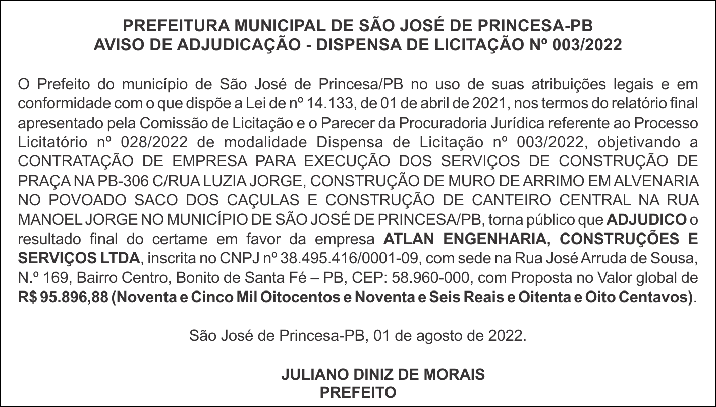 PREFEITURA MUNICIPAL DE SÃO JOSÉ DE PRINCESA-PB – AVISO DE ADJUDICAÇÃO – DISPENSA DE LICITAÇÃO No 003/2022