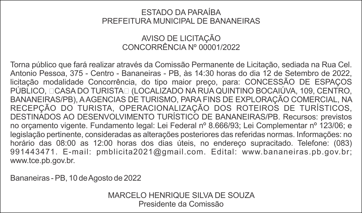 PREFEITURA MUNICIPAL DE BANANEIRAS – AVISO DE LICITAÇÃO – CONCORRÊNCIA Nº 00001/2022