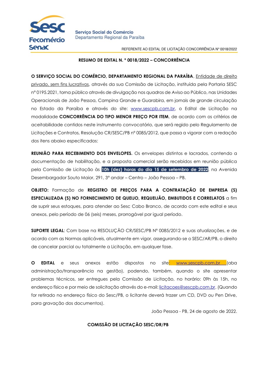 SESC – RESUMO DE EDITAL N. º 0018/2022 – CONCORRÊNCIA