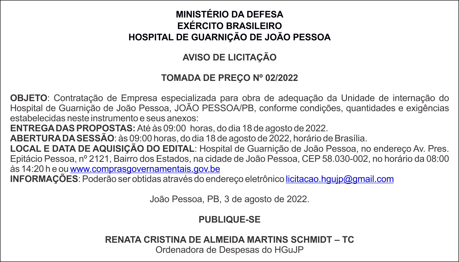 HOSPITAL DE GUARNIÇÃO DE JOÃO PESSOA – AVISO DE LICITAÇÃO – TOMADA DE PREÇO Nº 02/2022