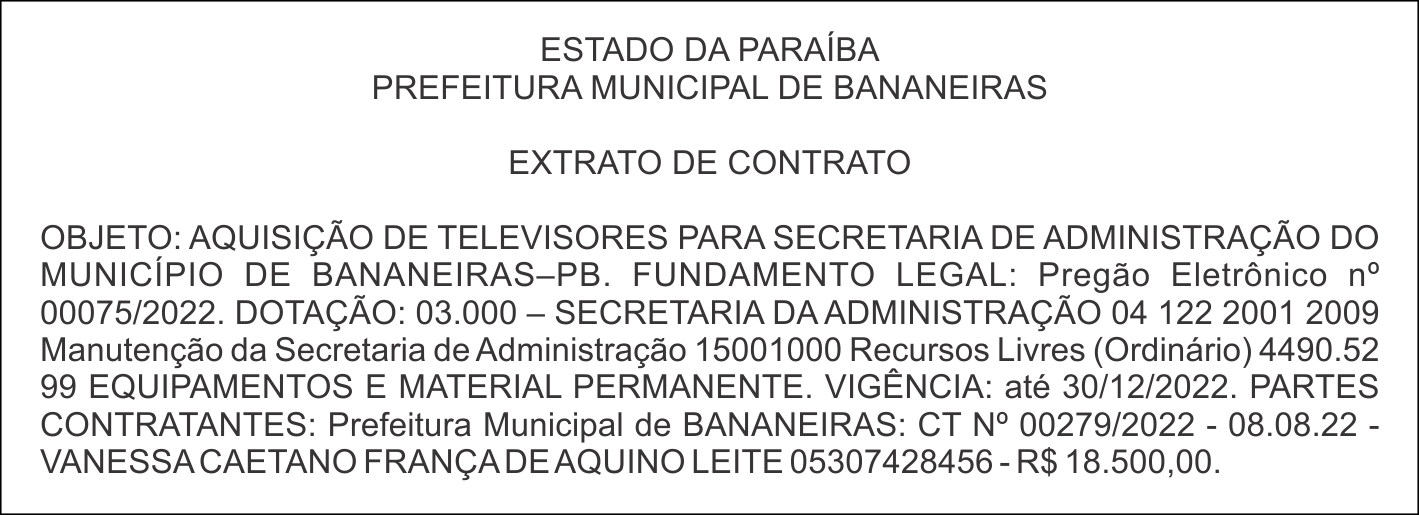 PREFEITURA MUNICIPAL DE BANANEIRAS  – EXTRATO DE CONTRATO