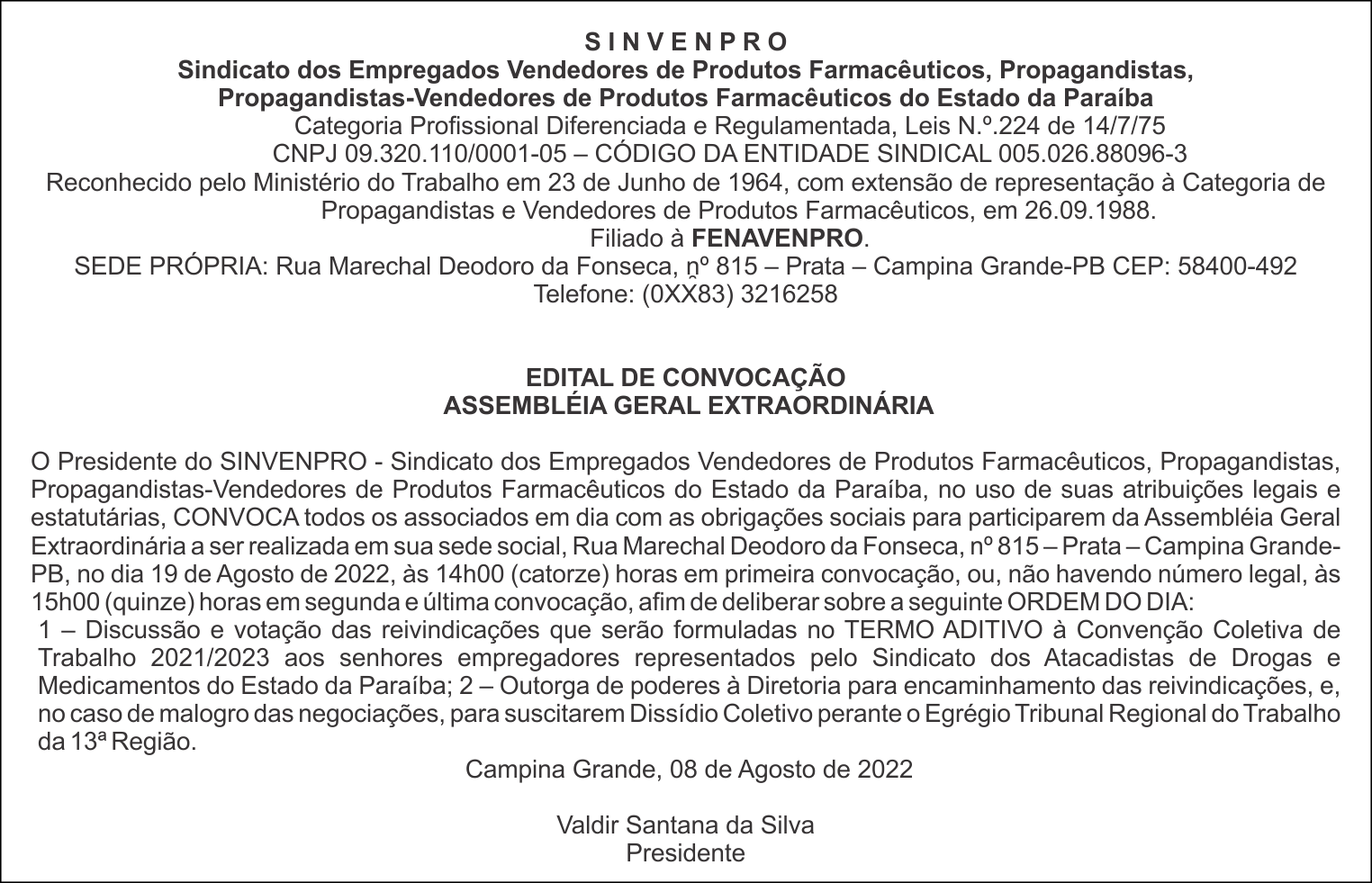 S I N V E N P R O – EDITAL DE CONVOCAÇÃO – ASSEMBLÉIA GERAL EXTRAORDINÁRIA