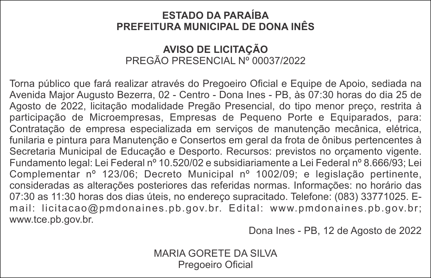 PREFEITURA MUNICIPAL DE DONA INÊS – AVISO DE LICITAÇÃO – PREGÃO PRESENCIAL Nº 00037/2022