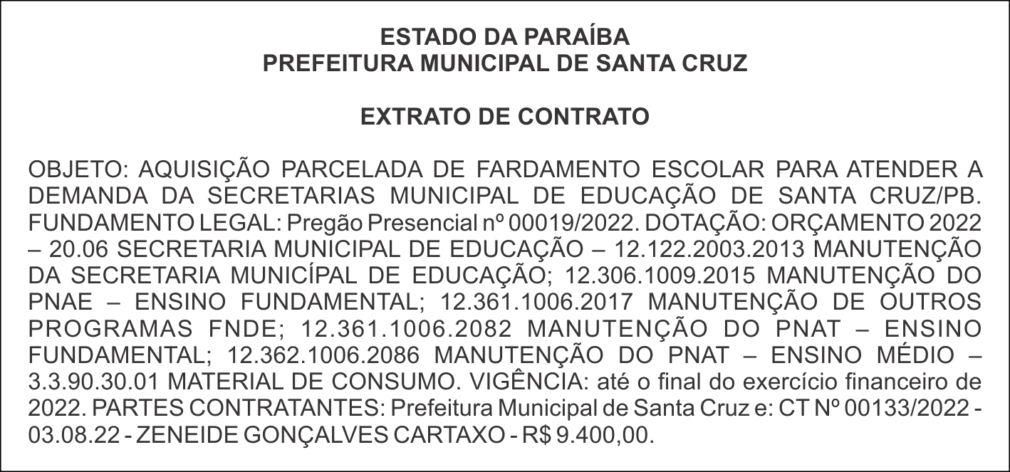 PREFEITURA MUNICIPAL DE SANTA CRUZ  – EXTRATO DE CONTRATO