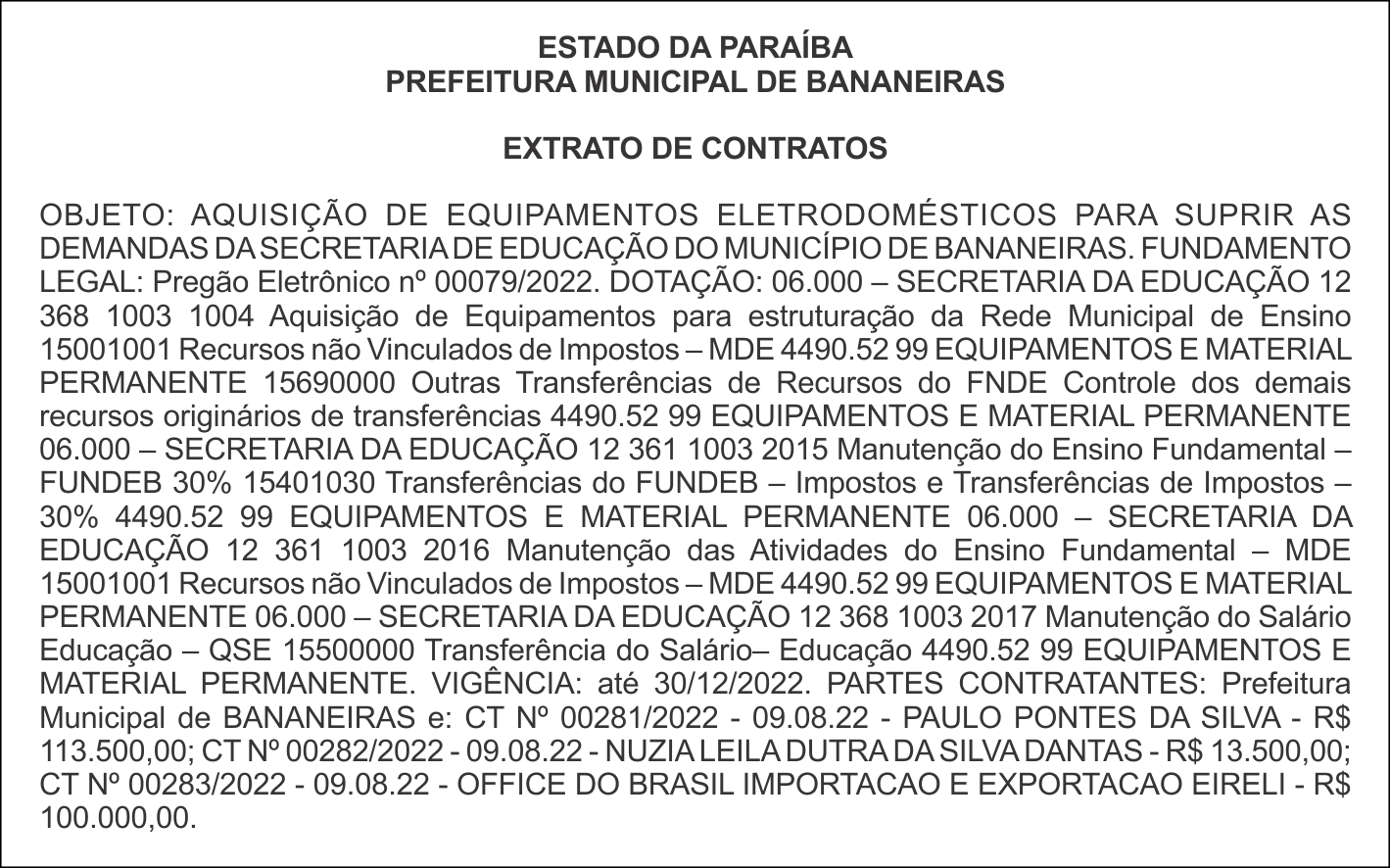 PREFEITURA MUNICIPAL DE BANANEIRAS – EXTRATO DE CONTRATOS