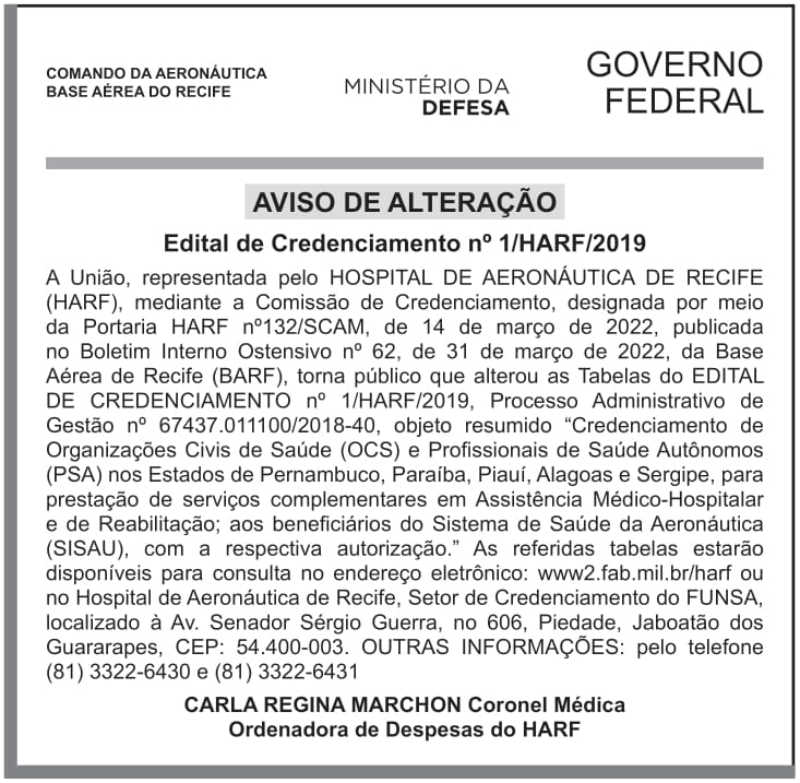 BASE AÉREA DE RECIFE – BARF – RF – AVISO DE ALTERAÇÃO – EDITAL DE CREDENCIAMENTO Nº 01/HARF/2019