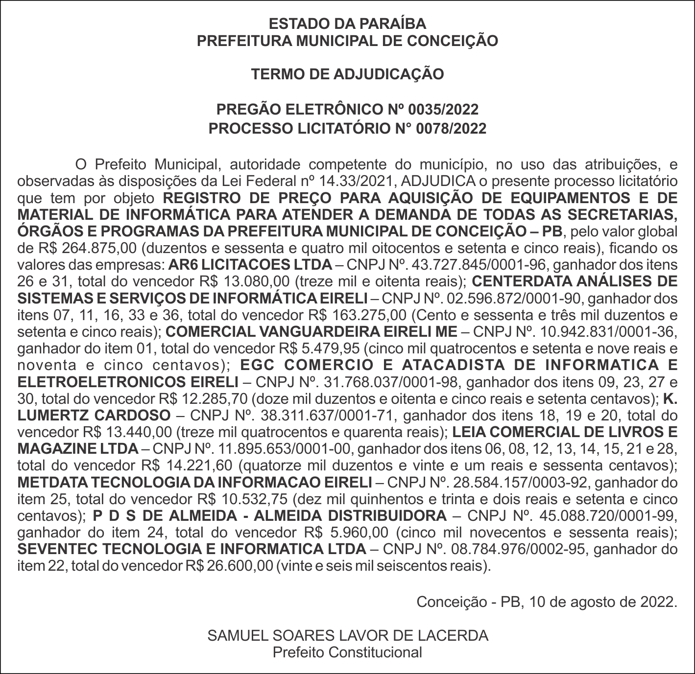 PREFEITURA MUNICIPAL DE CONCEIÇÃO – TERMO DE ADJUDICAÇÃO – PREGÃO ELETRÔNICO Nº 0035/2022