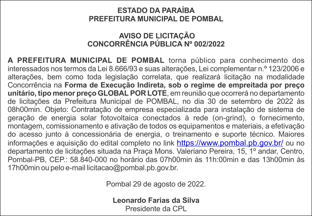 PREFEITURA MUNICIPAL DE POMBAL – AVISO DE LICITAÇÃO – CONCORRÊNCIA PÚBLICA Nº 002/2022