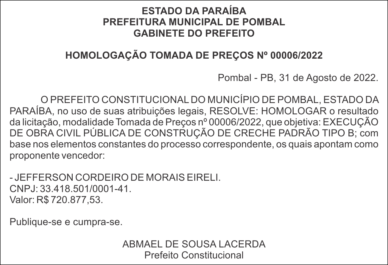 PREFEITURA MUNICIPAL DE POMBAL  – HOMOLOGAÇÃO -TOMADA DE PREÇOS Nº 00006/2022