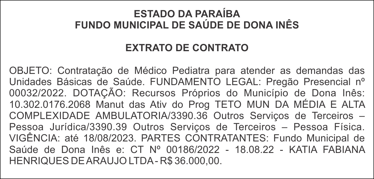 FUNDO MUNICIPAL DE SAÚDE DE DONA INÊS – EXTRATO DE CONTRATO