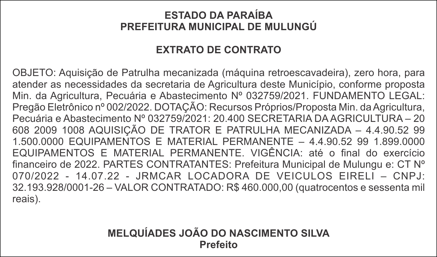 PREFEITURA MUNICIPAL DE MULUNGÚ – EXTRATO DE CONTRATO
