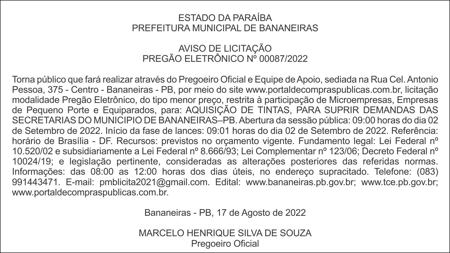 PREFEITURA MUNICIPAL DE BANANEIRAS – AVISO DE LICITAÇÃO – PREGÃO ELETRÔNICO Nº 00087/2022
