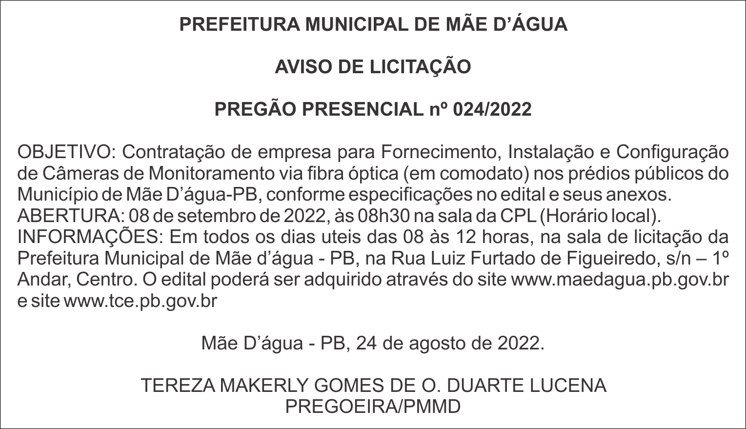 PREFEITURA MUNICIPAL DE MÃE D’ÁGUA – AVISO DE LICITAÇÃO – PREGÃO PRESENCIAL nº 024/2022