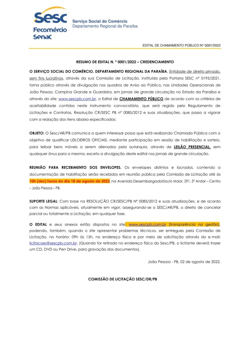 SESC – RESUMO DE EDITAL N. º 0001/2022 – CREDENCIAMENTO