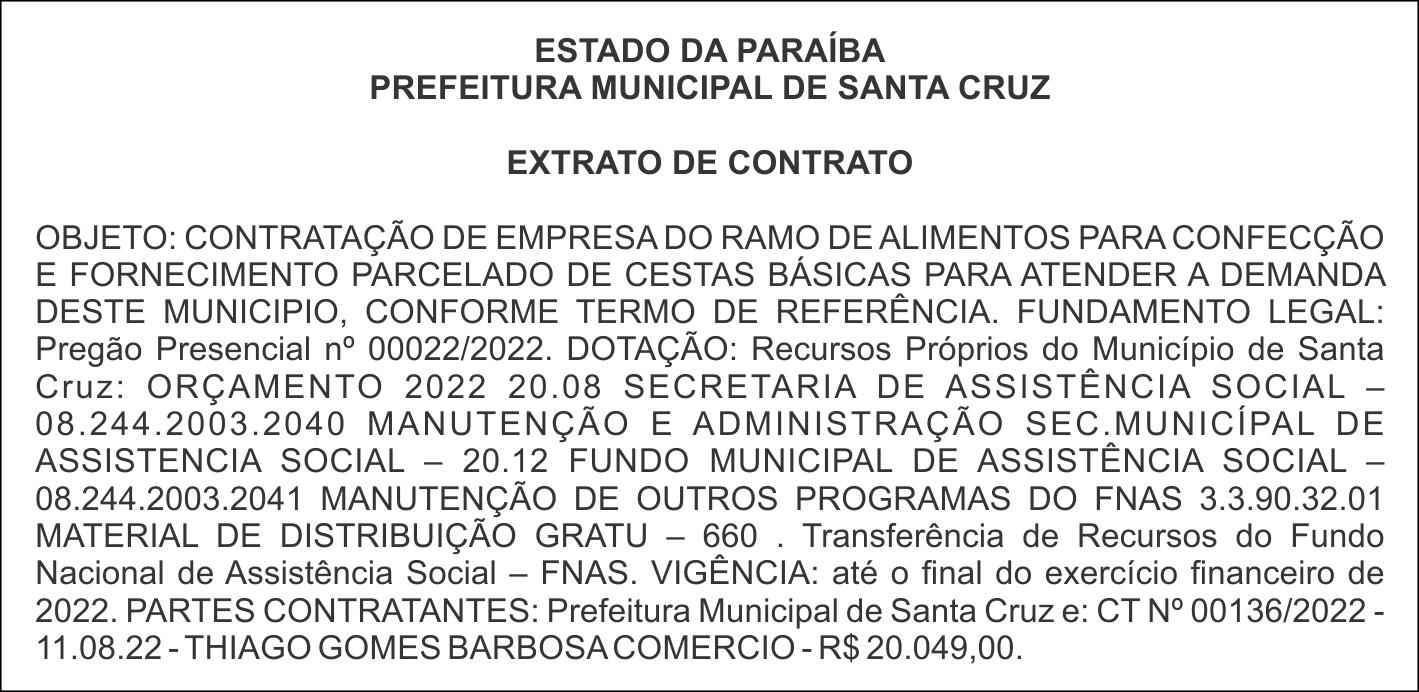 PREFEITURA MUNICIPAL DE SANTA CRUZ – EXTRATO DE CONTRATO