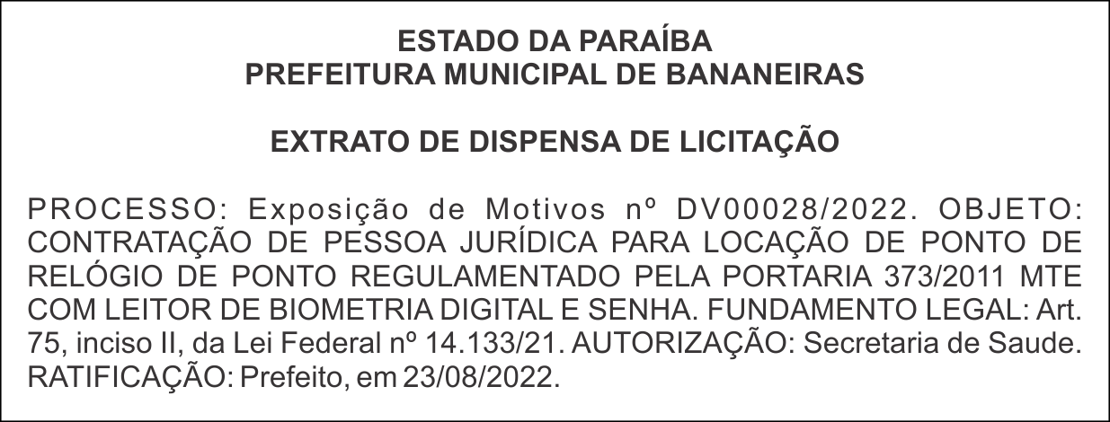 PREFEITURA MUNICIPAL DE BANANEIRAS – EXTRATO DE DISPENSA DE LICITAÇÃO