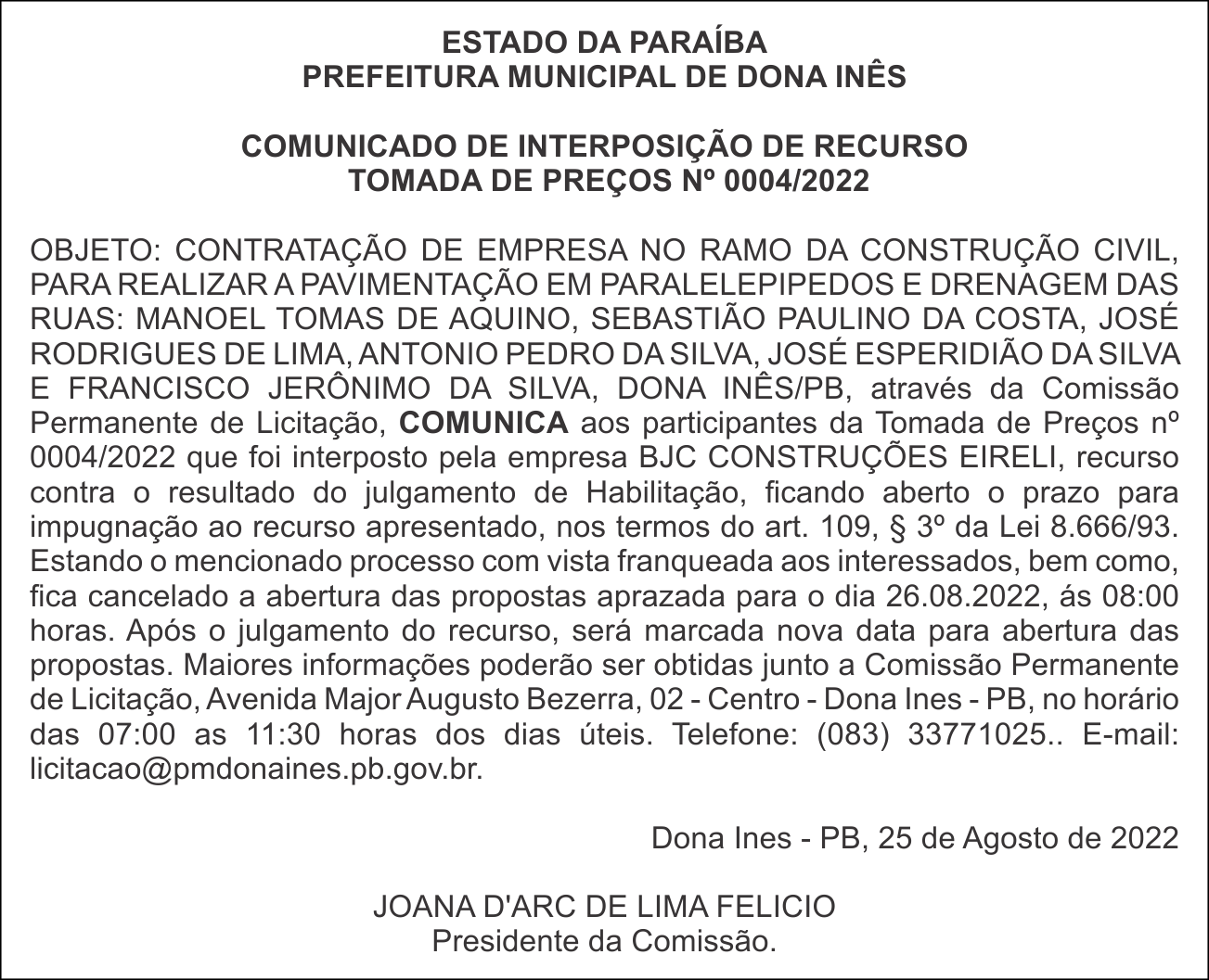 PREFEITURA MUNICIPAL DE DONA INÊS – COMUNICADO DE INTERPOSIÇÃO DE RECURSO –  TOMADA DE PREÇOS Nº 0004/2022