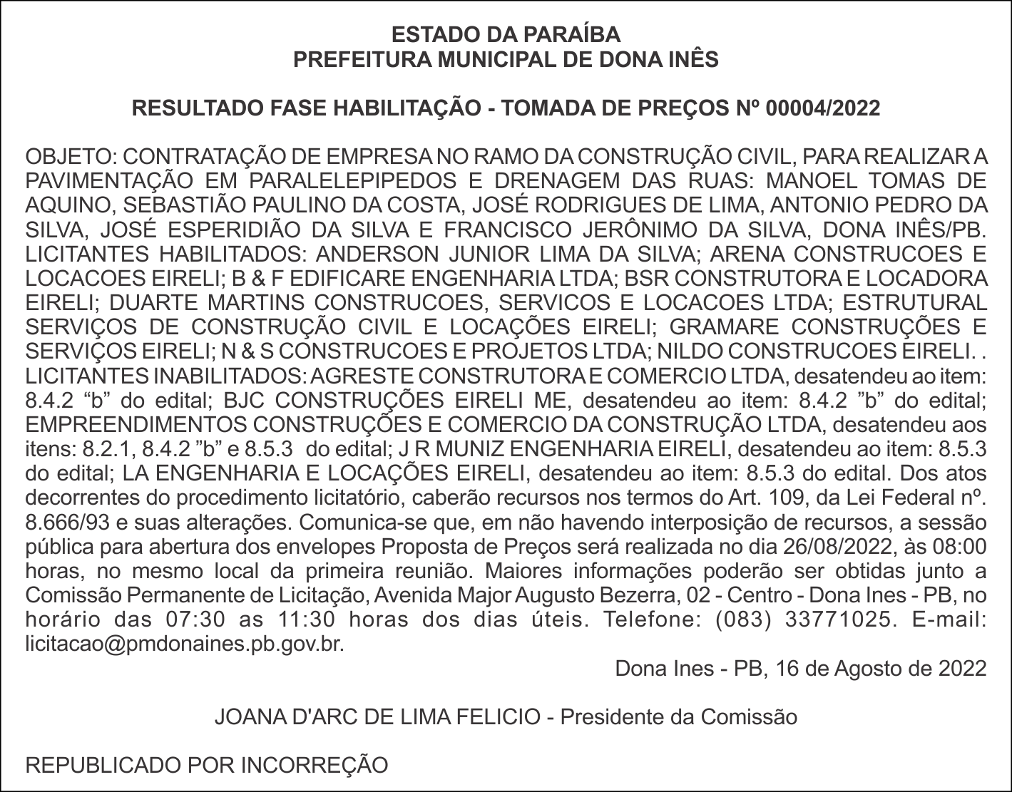 PREFEITURA MUNICIPAL DE DONA INÊS – RESULTADO FASE HABILITAÇÃO – TOMADA DE PREÇOS Nº 00004/2022